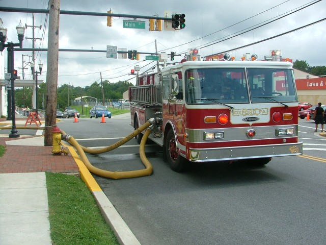 Engine 21-1 on hydrant in downtown Elkton, MD.