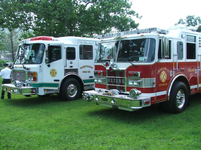 Engine 21-1 and Tower 45 (Fleetwood) at a parade in Berks County.