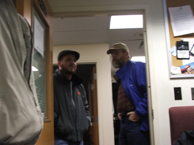 Mike Hallman and Dobson Grier compare beards outside of the Chiefs' Office.