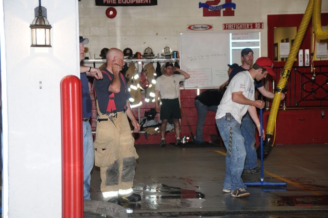 Crews cleaning the bays on a work night.