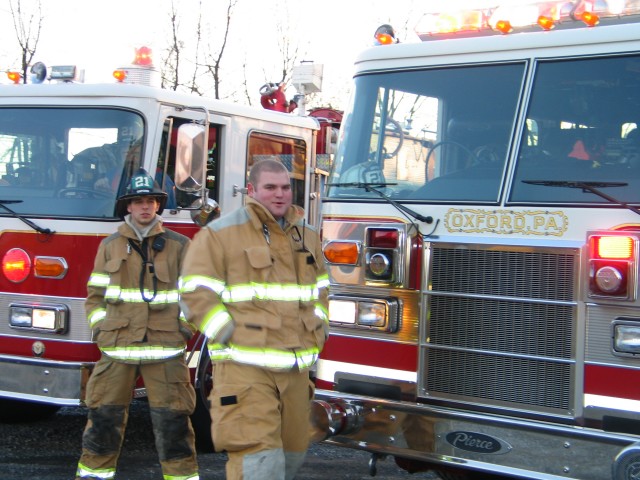 Greg Paxson and BJ Meadowcroft in staging at a reported building fire in Penn Township.