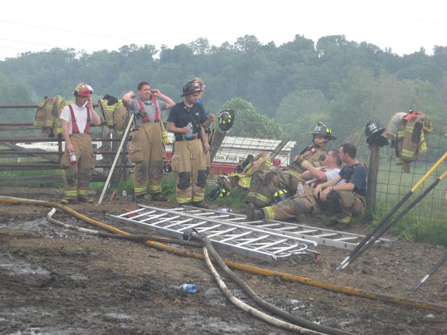 Engine and Truck crews taking a break at a Quarryville barn fire.