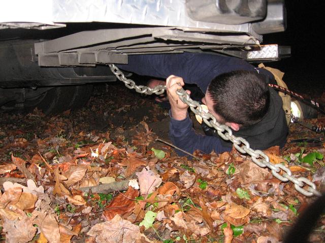 A chain was used to pull the Ambulance out of the mud.