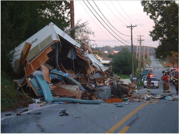 What's left of a camper from a crash on Route 272.