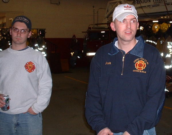 Firefighters Robert Bishop and Josh Derr waiting for the Engines to return from a call.