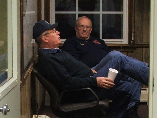 Past Chief Rich Terry and Gerry Davis in a deep discussion in the radio room.