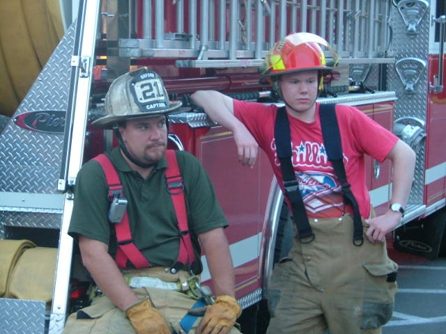 Captain Bill Gray and Junior Firefighter Matt Groseclose  at a Monday evening drill.