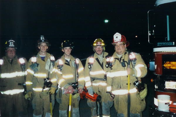 Engine 4 crew for a building fire at Lincoln University.  (L-R) Bill Goodley, Win Slauch, Brian Kelley, Rick Woolson, and Sam Terry.