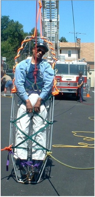 Firefighter Donnie Myers was strapped into a stoke basket during a rope training exercise.