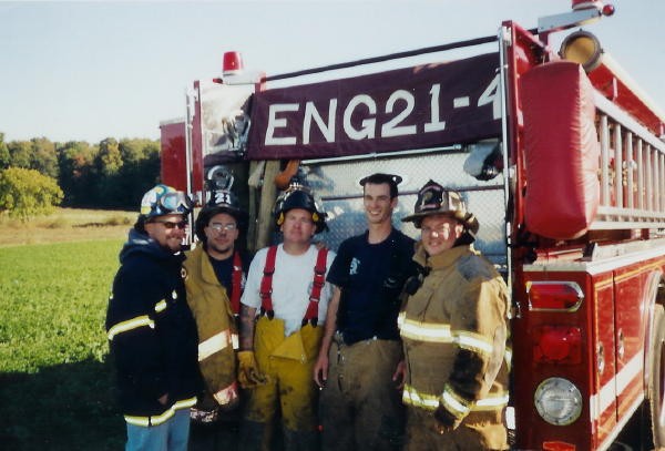 Engine 4's crew at brush fire on McCrory Road: Bill Gray, Dan Tracy, Dan Murray, Win Slauch, and Chris Obenchain.