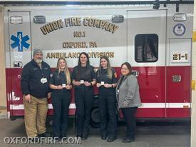 Left to Right: Andrew Rennie, EMT Cassidy Brown, EMT Nicole Thoman, EMT Erin Barlow, Tracey Mousley.